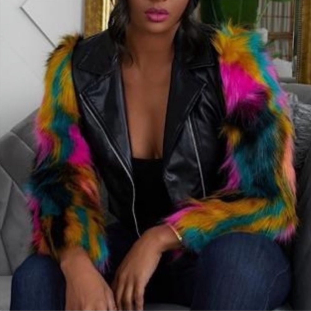 Jealous Tomato Black Moto Jacket with Multicolor Faux Fur Sleeves